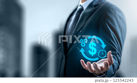 Businessman showing the icon of productivity on his hand. Technology innovation on the virtual screen. Concept of plan and time management 125542243