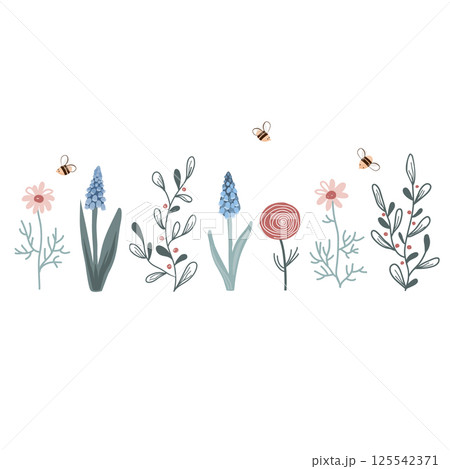 Cute frame border with spring flowers and bees. Vector isolated illustration. Cute frame border with spring flowers and bees. Vector isolated illustration. 125542371