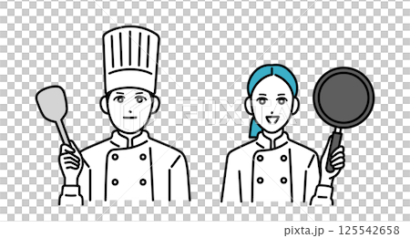 Male and female chef avatars holding cooking utensils 125542658