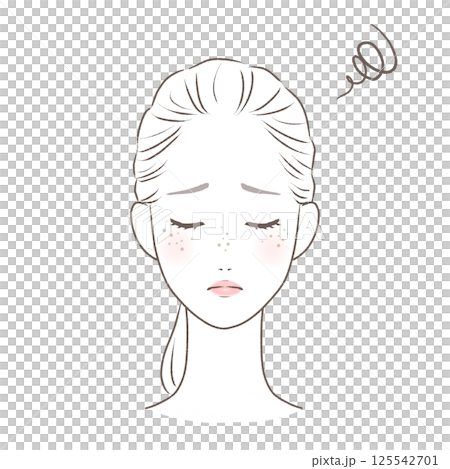 A woman with her hair tied up, worried about spots on her face, line drawing A woman with her hair tied up, worried about spots on her face, line drawing 125542701