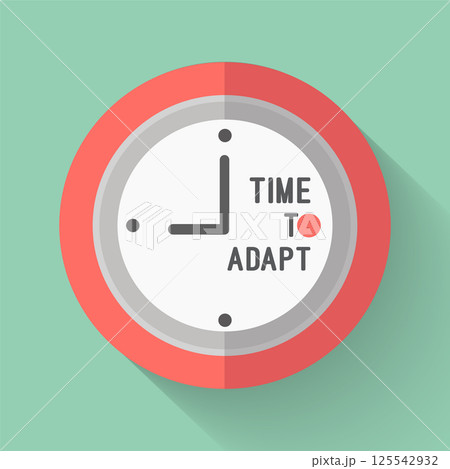 A clock with the words TIme to Adapt. Time to Adapt concept with watch and text in flat style with long shadow. Vector 125542932