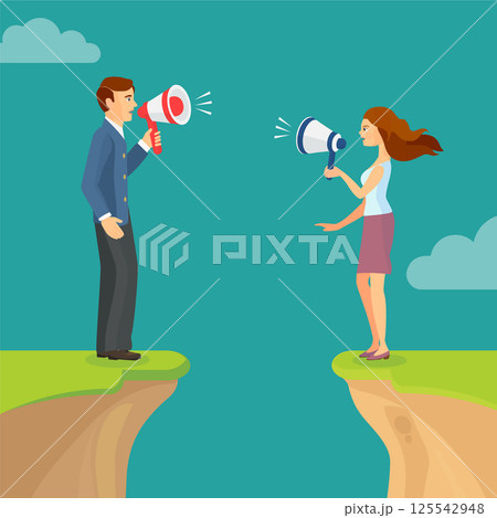 Abyss, gap concept with man and woman shouting trying to sort out relations. Vector colorful illustration in flat style. 125542948