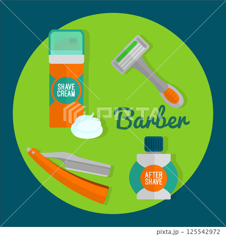 After shave flat icon set. Shaving razor, shaving foam, after shave balm vector icons. 125542972