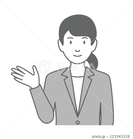 スーツを着た女性が「こちらです」と案内しているイラスト 125543128