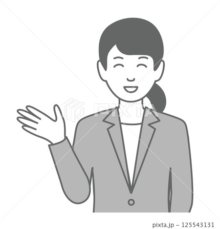 スーツを着た女性が「こちらです」と笑顔で案内しているイラスト 125543131