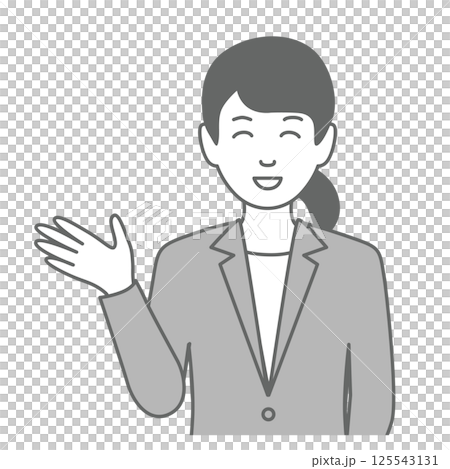 スーツを着た女性が「こちらです」と笑顔で案内しているイラスト 125543131