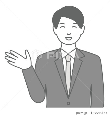 スーツを着た男性が「こちらです」と笑顔で案内しているイラスト スーツを着た男性が「こちらです」と笑顔で案内しているイラスト 125543133