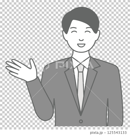 スーツを着た男性が「こちらです」と笑顔で案内しているイラスト スーツを着た男性が「こちらです」と笑顔で案内しているイラスト 125543133