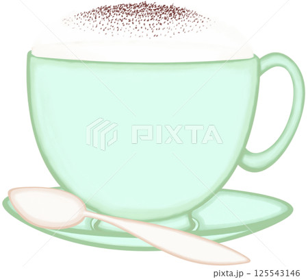 Lovely colors and style of green  ceramic cup of hot cappuccino with coffee cup saucer and tea spoon. 125543146