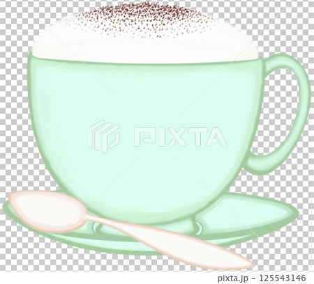 Lovely colors and style of green  ceramic cup of hot cappuccino with coffee cup saucer and tea spoon. 125543146