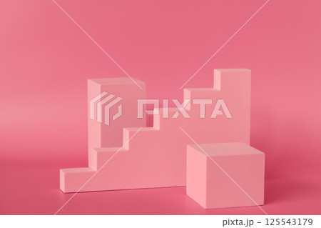 Cosmetic art deco product podium display pedestal stand. Fashion pastel geometric backdrop for product presentation showcase. Mockup abstract minimal template platform. Front view modern scene 125543179