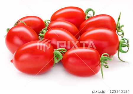 Bunch of San Marzano tomatoes. Whole plum cherry juicy tomato isolated on white. Italian fresh vegetables. Organic raw vegan healthy food vegetable. Farm market product. Front view, macro 125543184