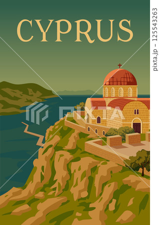 Travel poster island Cyprus, white church 125543263