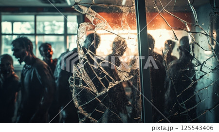 Group of menacing zombies advancing through shattered glass in a post apocalyptic urban landscape, evoking a chilling atmosphere of danger, decay, and survival horror 125543406