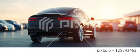 Back view of a new luxury black car parked in a dealership during golden hour sunset, with other cars blurred in the background, creating a sense of exclusivity and high end automotive retail Back view of a new luxury black car parked in a dealership during golden hour sunset, with other cars blurred in the background, creating a sense of exclusivity and high end automotive retail 125543462