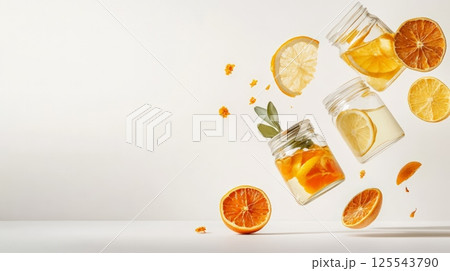 Sliced oranges and lemons, along with small yellow flowers and green leaves, levitating around glass jars filled with citrus infused liquid against a clean white backdrop 125543790