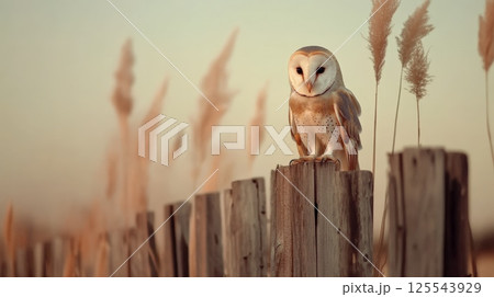 Beautiful barn owl perched on a weathered wooden fence post, with soft, blurred reeds in the background and the warm glow of the setting sun creating a serene and captivating scene 125543929