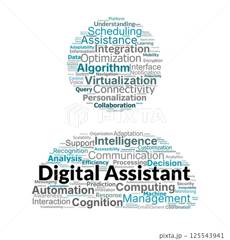 Digital Assistant Word Cloud. Core Concepts and Essential Technologies Explained Digital Assistant Word Cloud. Core Concepts and Essential Technologies Explained 125543941