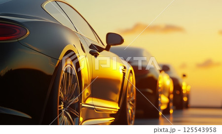 Several luxury cars are parked in a row, their polished surfaces reflecting the warm, golden light of the setting sun, creating a sense of elegance and sophistication 125543958