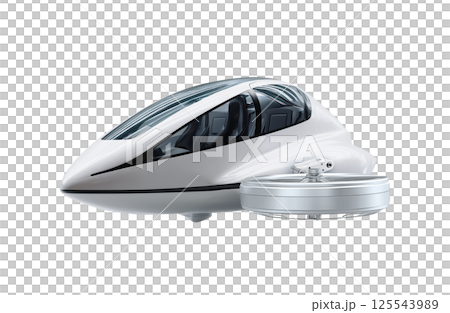 Futuristic lightweight flying passenger drone with aerodynamic design, transparent canopy, and modern interior seats 125543989