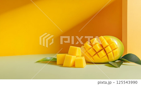 Sliced mango fruit with diced pieces levitating on a vibrant yellow and green background creates a visually appealing scene with a modern aesthetic Sliced mango fruit with diced pieces levitating on a vibrant yellow and green background creates a visually appealing scene with a modern aesthetic 125543990