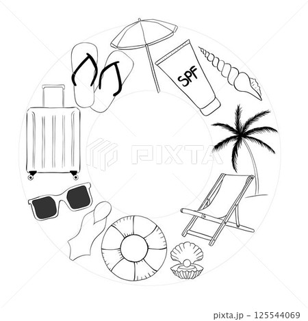 Beach vacation circle round frame template for text. Vector graphic line ink illustration. Black silhouette with place for your text on white background. for banner, poster, brochure, wallpaper. 125544069