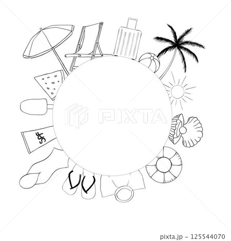 Beach vacation circle round frame template for text. Vector graphic line ink illustration. A place for text in the center. Banner template for greeting cards, invitations. For logo, package, sticker. 125544070