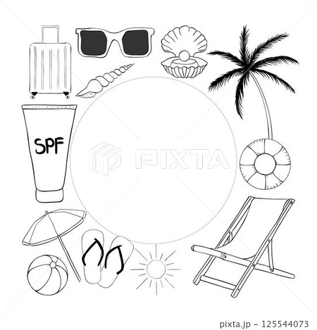 Summer Frame Beach vacation square frame template for text. Vector graphic line ink illustration. Banner, poster, wrapping paper, sticker, print, modern textile design. Summer Frame Beach vacation square frame template for text. Vector graphic line ink illustration. Banner, poster, wrapping paper, sticker, print, modern textile design. 125544073