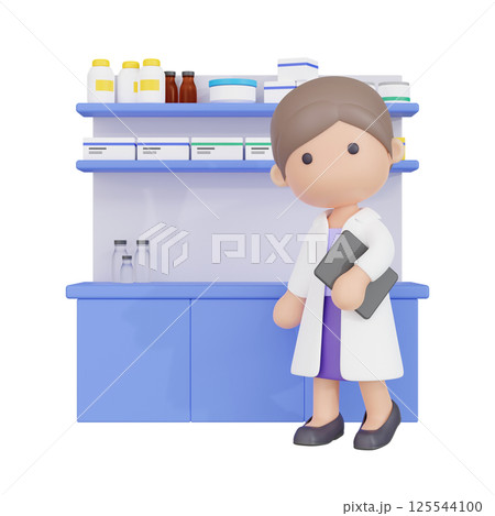 3DCG｜調剤棚の前でポーズをとる若い薬剤師の女性 125544100