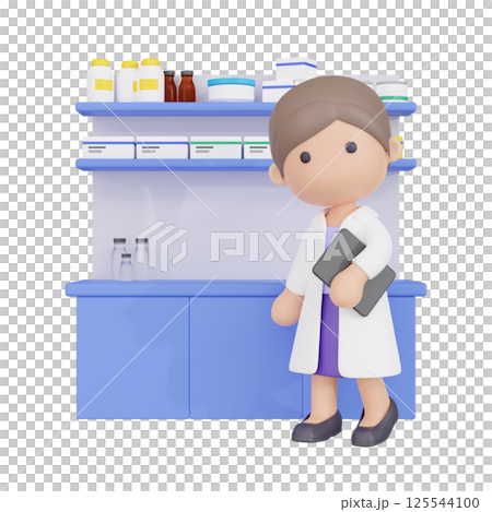 3DCG｜調剤棚の前でポーズをとる若い薬剤師の女性 125544100