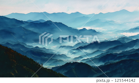 早朝の霧に包まれた幻想的な山々の重なりと青のグラデーションが美しい水彩風風景イラスト 早朝の霧に包まれた幻想的な山々の重なりと青のグラデーションが美しい水彩風風景イラスト 125544142
