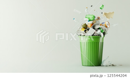 Overflowing with plastic bottles, aluminum cans, and paper, a vibrant green trash can highlights the importance of proper waste disposal and recycling for environmental sustainability Overflowing with plastic bottles, aluminum cans, and paper, a vibrant green trash can highlights the importance of proper waste disposal and recycling for environmental sustainability 125544204