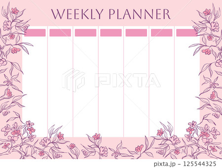 Weekly planner with beautiful cherry blossom. Garden Japanese Sakura, spring flowers background for notes. Cute school planner is for 7 days. Kids schedule design template. Vector doodle illustration Weekly planner with beautiful cherry blossom. Garden Japanese Sakura, spring flowers background for notes. Cute school planner is for 7 days. Kids schedule design template. Vector doodle illustration 125544325