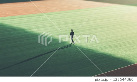 Survivor athlete walking across an abandoned stadium field, navigating the remnants of a post apocalyptic world while searching for hope and a new beginning amid desolation 125544360