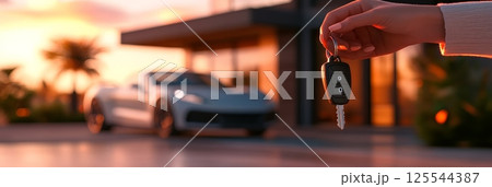 Hand holding car keys with new sports car in the background at sunset, symbolizing car purchase, luxury lifestyle, and the automotive industry Hand holding car keys with new sports car in the background at sunset, symbolizing car purchase, luxury lifestyle, and the automotive industry 125544387
