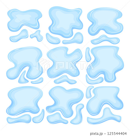Water spill puddles set. Blue liquid various shape in flat cartoon style. Clean fluid drop design elements isolated on white background 125544404