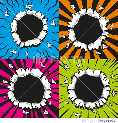 Set of comic book holes. Vector paper is torn through boom explosion. Circle holes in the middle on color backgrounds. Comics style cover template or flyer wallpapers 125544453