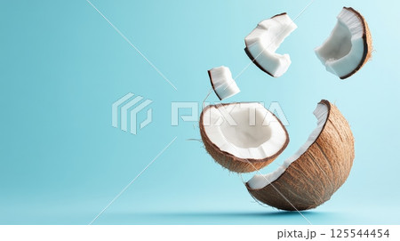 Broken coconut pieces with visible pulp are levitating on a light blue background, creating a dynamic and refreshing visual, ideal for advertising summer products or tropical concepts 125544454