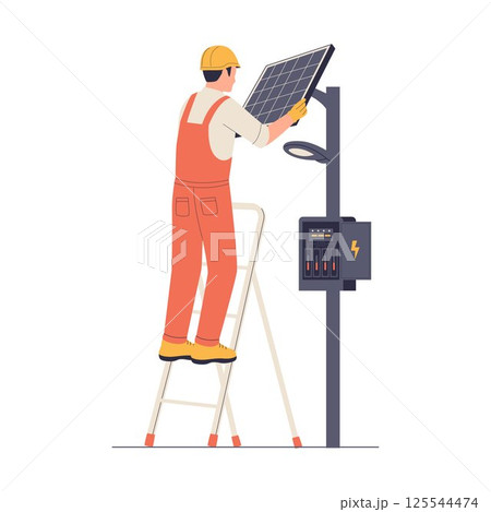 Electrician Installing Solar Panel on Street Light 125544474