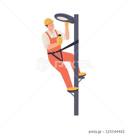 Electrician Climbing Pole to Repair Street Light Electrician Climbing Pole to Repair Street Light 125544481