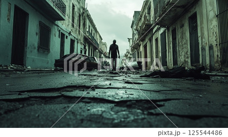 Lone survivor walking down the middle of a damaged road after a war or natural disaster with destroyed buildings and abandoned cars on each side Lone survivor walking down the middle of a damaged road after a war or natural disaster with destroyed buildings and abandoned cars on each side 125544486