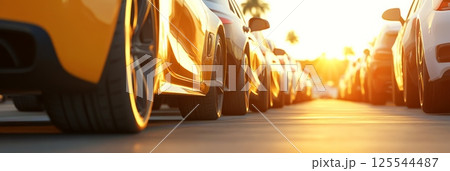 Rows of parked cars stand in a dealership during golden hour, creating a sense of anticipation and opportunity in the automotive sales industry Rows of parked cars stand in a dealership during golden hour, creating a sense of anticipation and opportunity in the automotive sales industry 125544487