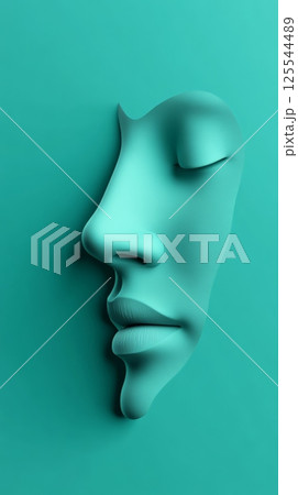 Turquoise face emerging from the wall, breathing calmly with closed eyes, embodying concepts of beauty, surgery, and wellness while evoking feelings of serenity and tranquility 125544489