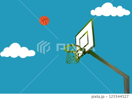 Basketball basket against blue sky with clouds. Equipment for sport. Playing with a ball in the fresh air in summer day. Basketball flies in the air. 125544527