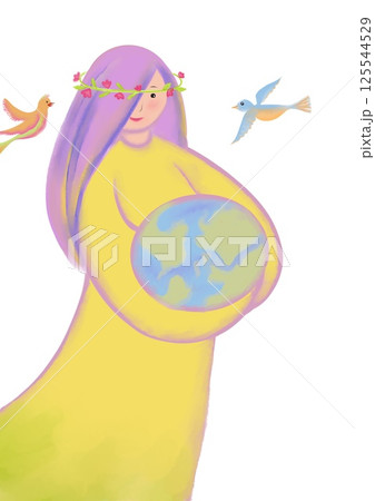 A childish cute little girl holding planet Earth in her hands, two birds flying around. Concept of protection of the planet, ecology, nature Earth Day 125544529