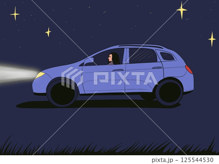 A young female driver driving a car on the road at starry night. Traveling by car in the dark meadow. Road trip. Blue lilac automobile at nighttime. A young female driver driving a car on the road at starry night. Traveling by car in the dark meadow. Road trip. Blue lilac automobile at nighttime. 125544530