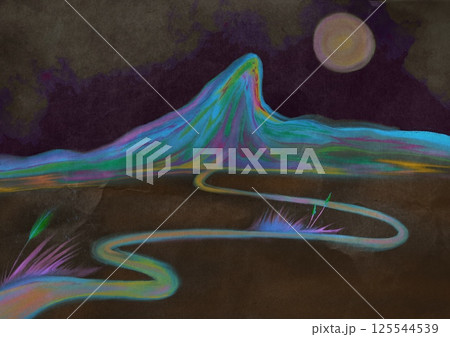 Abstract mountain landscape at night with full moon in the dark sky. Winding path goes far away beyond the horizon. Grasses and blooming wild flowers.Untitled Artwork 125544539