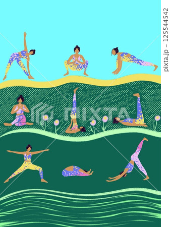 A young girl does yoga in nature doing different asanas. The concept of unity of human and nature. Healthy lifestyle and sport. Body balance practice. A young girl does yoga in nature doing different asanas. The concept of unity of human and nature. Healthy lifestyle and sport. Body balance practice. 125544542