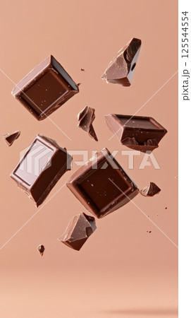 Different sizes of dark chocolate chunks are levitating on a smooth light brown background, creating an eye catching visual with crumbs scattered around 125544554