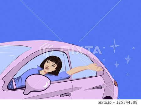 Self confident modern woman driving a pink car with her hand out of the window. Happy girl has successfully passed driver's license in driving school. 125544589